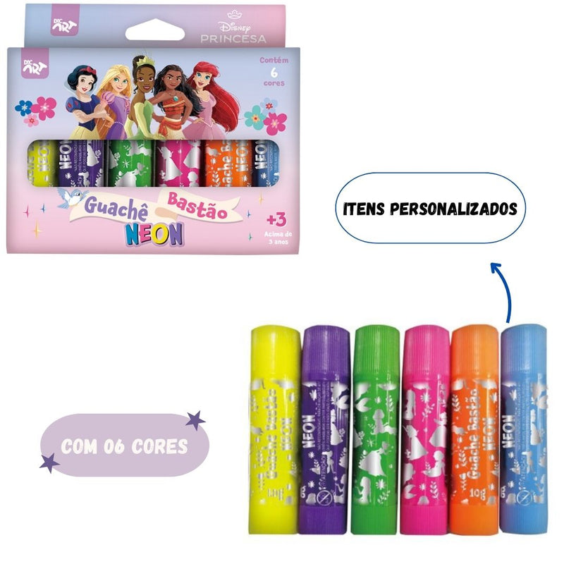 Tinta Guache Bastão 6 Cores Neon Princesas Disney Pintura Desenho Infantil Escolar Arte Pintura DAC Ponto Criativo