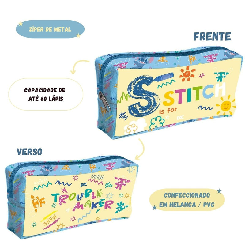 Estojo Escolar Tecido Stitch Juvenil Disney 60 Pens Zíper Volta as Aulas Original Ponto Criativo