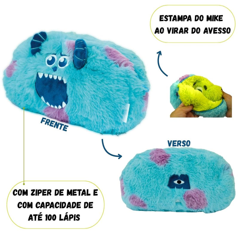 Estojo De Pelúcia Dupla Face Monstros S.A Fluffy Escolar 100 Pens Disney Juvenil Volta Aulas Ponto Criativo