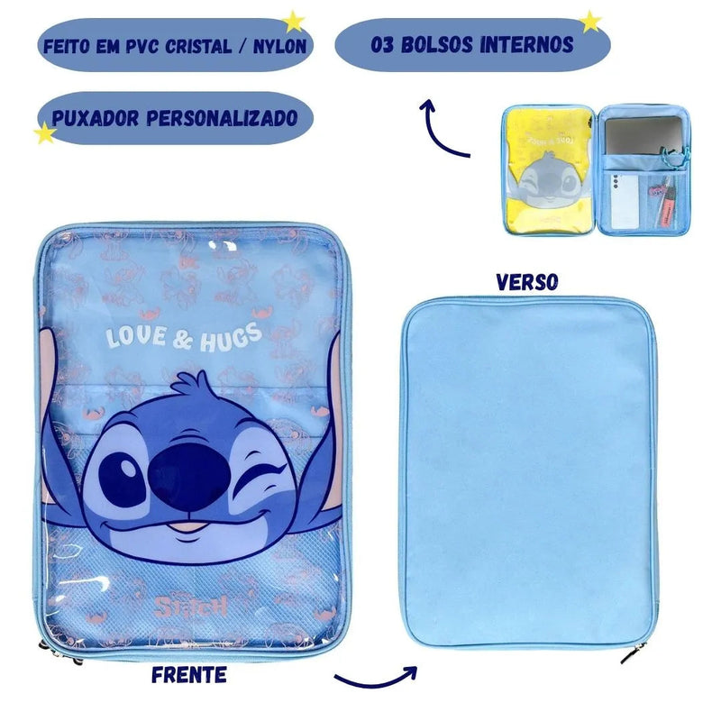 Pasta Universitária Stitch Escolar Zíper Disney Volta Aulas Organização 3 Bolsos Internos Original Ponto Criativo