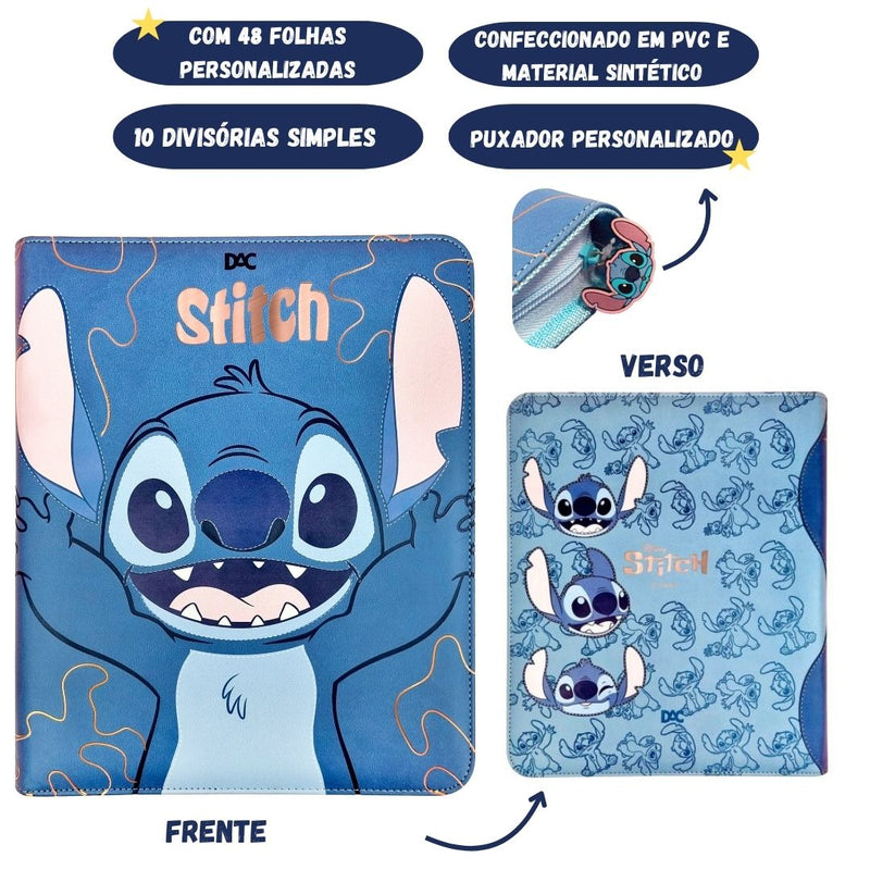 Fichário Caderno Argolado Stitch Universitário com Zíper 48 folhas Escolar Tamanho A4 Megalomania