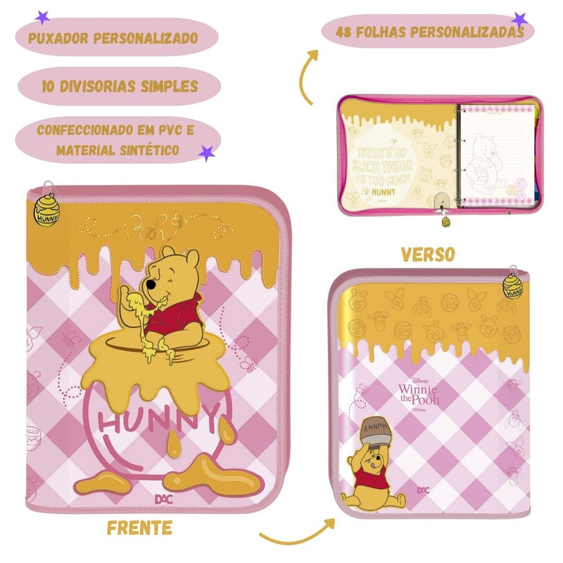 Fichário Caderno Argolado Ursinho POOH Zíper 48 Folhas Universitário A4 Escolar Disney Ponto Criativo