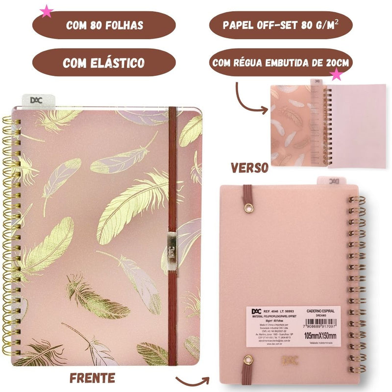 Mini Caderno Espiral Dreams A6 Com Régua e Elástico Anotação Organizador Pautado Dac Megalomania