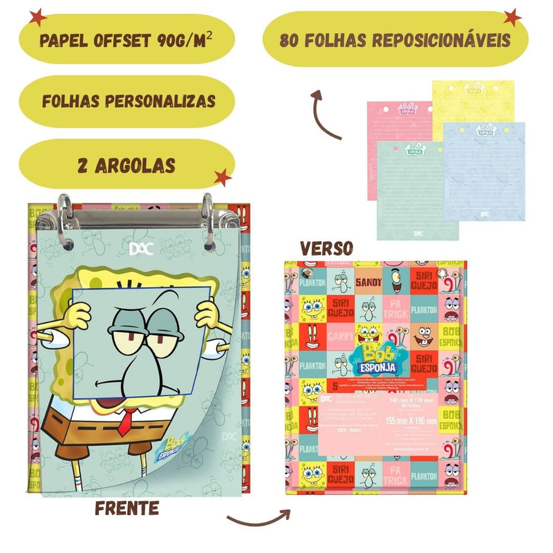Caderno Argolado Mini Bob Esponja Escolar 80 folhas Anotações Nickelodeon