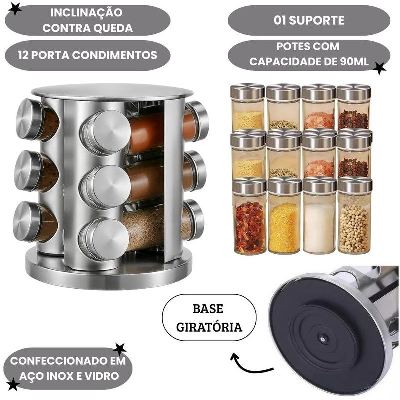 Porta Tempero 12 Potes Vidro Tampa Aço Inoxidável Cozinha Jantar Praticidade Giratório Condimentos Ponto Criativo