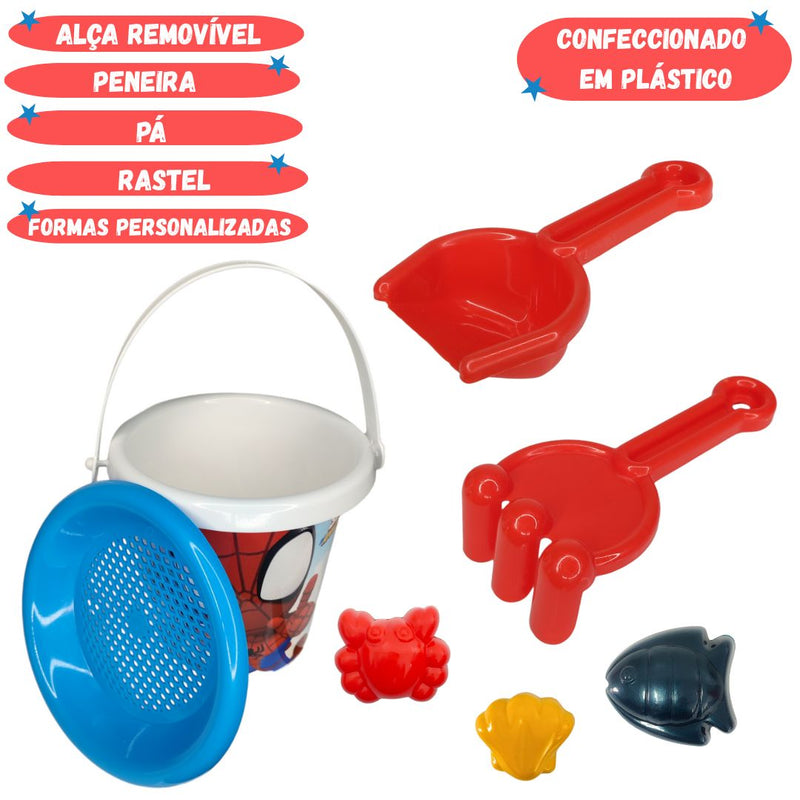 Balde de Praia Infantil Brinquedo Homem Aranha Marvel Criança Parque Sol Formas Rastel Peneira Areia