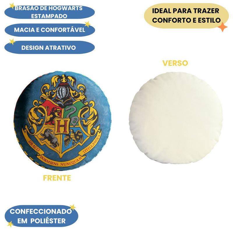 Almofada Redonda Hogwarts Harry Potter Brazão Coleção Presente Escola Magia Bruxo Megalomania