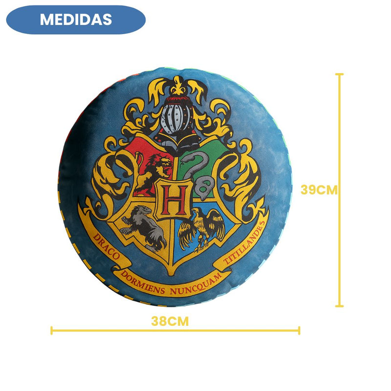 Almofada Redonda Hogwarts Harry Potter Brazão Coleção Presente Escola Magia Bruxo Megalomania