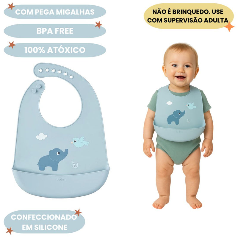 Babador em Silicone Pega Migalhas Azul Alimentação Bebê Mamãe Buba