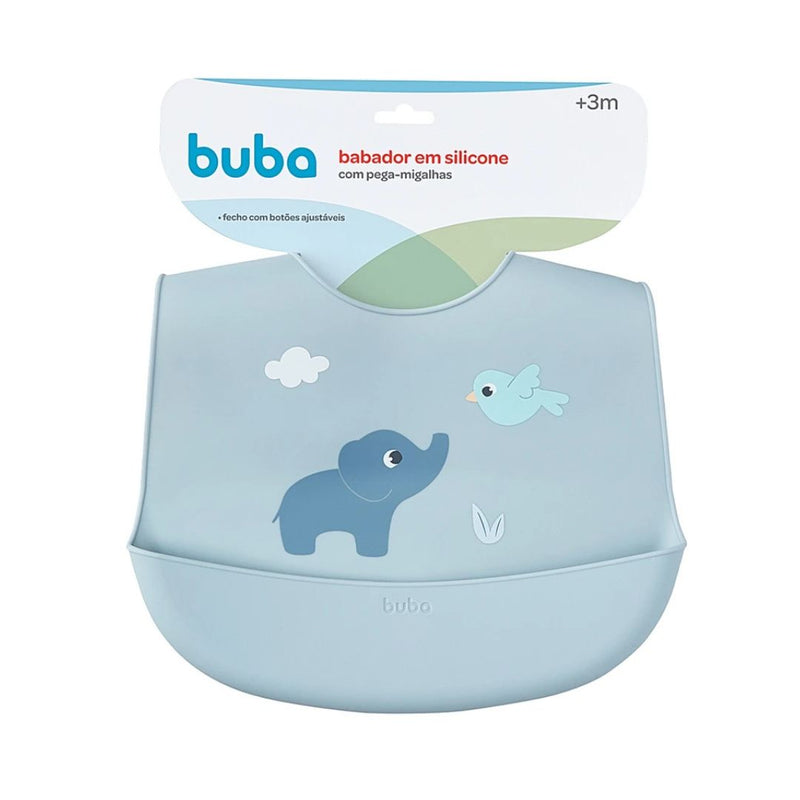 Babador em Silicone Pega Migalhas Azul Alimentação Bebê Mamãe Buba