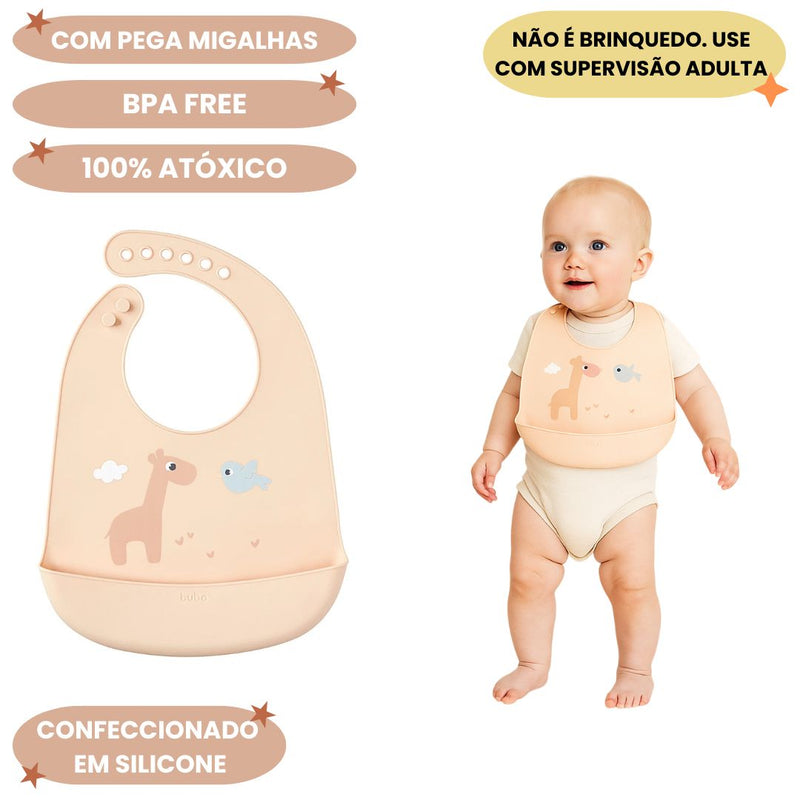 Babador em Silicone Pega Migalhas Bege Alimentação Bebê Mamãe Buba