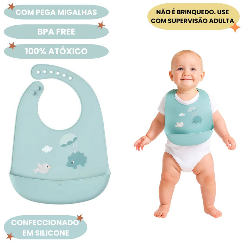 Babador em Silicone Pega Migalhas Verde Alimentação Bebê Mamãe Buba
