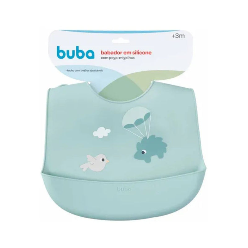 Babador em Silicone Pega Migalhas Verde Alimentação Bebê Mamãe Buba