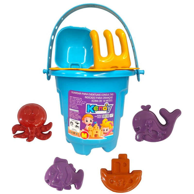 Balde de Praia Infantil Azul de Brinquedo Menino Diversão Kit Peneira Pá Rastel Forminha Areia Cavar