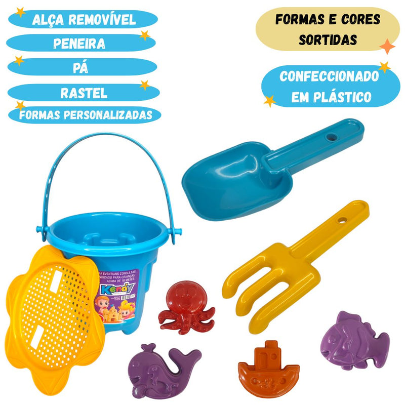 Balde de Praia Infantil Azul de Brinquedo Menino Diversão Kit Peneira Pá Rastel Forminha Areia Cavar