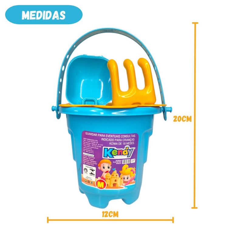 Balde de Praia Infantil Azul de Brinquedo Menino Diversão Kit Peneira Pá Rastel Forminha Areia Cavar