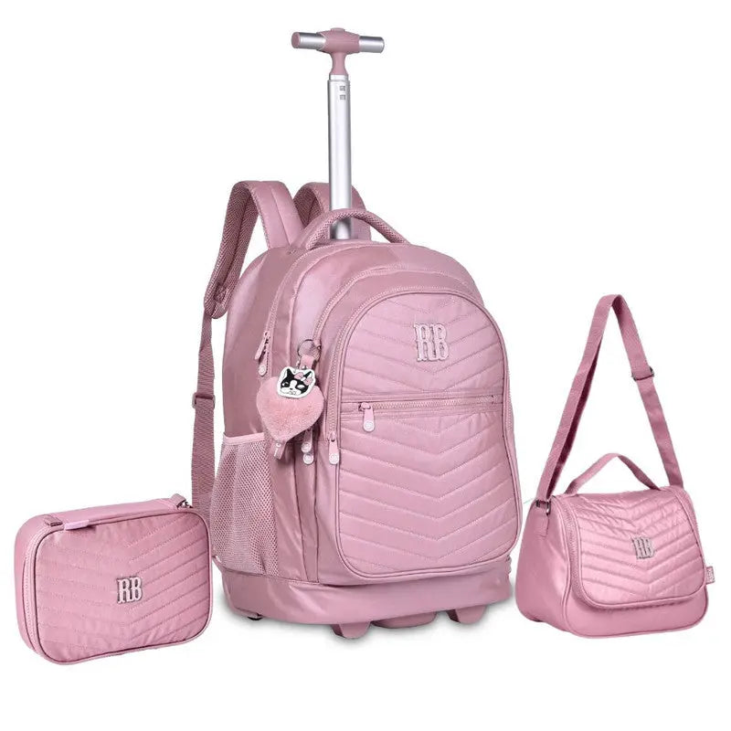 Kit Mochila de Carrinho Mala Bolsa Lancheira Térmica Duas Alças Estojo Box Rosa Femino Escolar Lanchinho Rebecca Bonbon Clio Megalomania