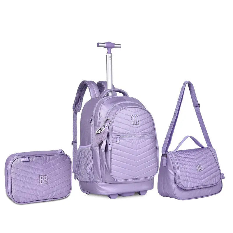 Kit Mochila de Carrinho Bolsa Mala Lancheira Térmica Duas Alças Estojo Box Feminino Juvenil Escolar Roxo Rebecca Bonbon Clio Megalomania