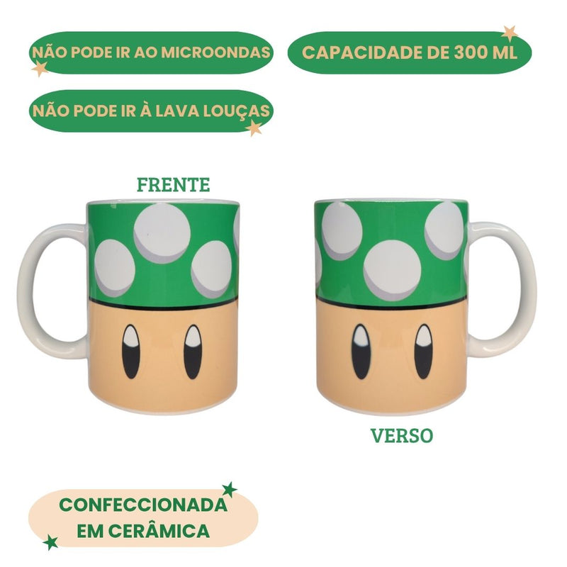 Caneca Cerâmica 350ML Cogumelo Verde Super Mario Presente Game Chá Café Leite Nintendo Resistente Megalomania