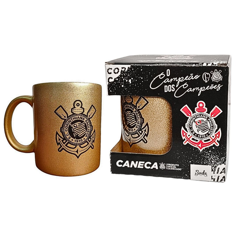 Caneca Dourada Corinthians Porcelana 300ml Timão Futebol Pai Presente Café Leite