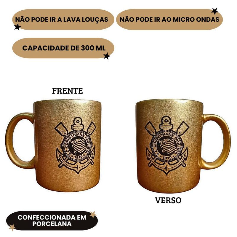 Caneca Dourada Corinthians Porcelana 300ml Timão Futebol Pai Presente Café Leite