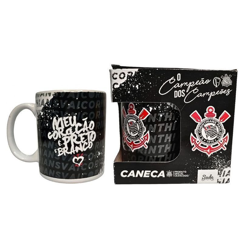 Caneca Porcelana 300ml Corinthians Frase Meu Coração é Preto e Branco Pai Presente Timão Futebol