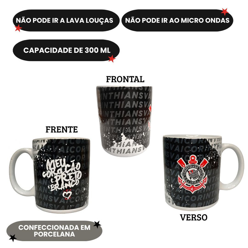 Caneca Porcelana 300ml Corinthians Frase Meu Coração é Preto e Branco Pai Presente Timão Futebol