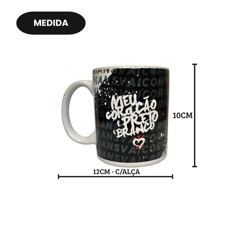 Caneca Porcelana 300ml Corinthians Frase Meu Coração é Preto e Branco Pai Presente Timão Futebol