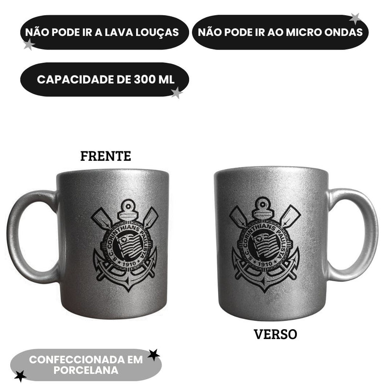 Caneca Prateada Corinthians Porcelana 300ml Timão Futebol Pai Presente Café Leite