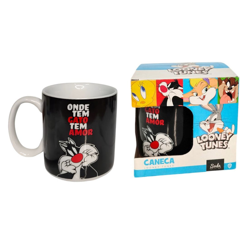 Caneca Porcelana Frajola Frase Onde Tem Gato tem Amor Looney Tunes 300ml Café Chá Presente
