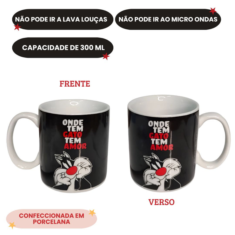 Caneca Porcelana Frajola Frase Onde Tem Gato tem Amor Looney Tunes 300ml Café Chá Presente