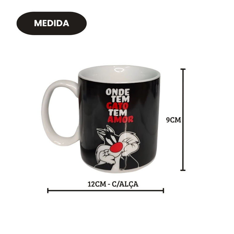 Caneca Porcelana Frajola Frase Onde Tem Gato tem Amor Looney Tunes 300ml Café Chá Presente