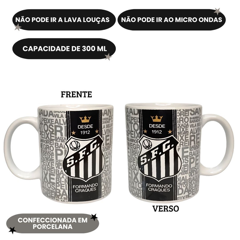 Caneca Porcelana 300ml Santos Futebol Jogo Pai Café Leite Time Presente