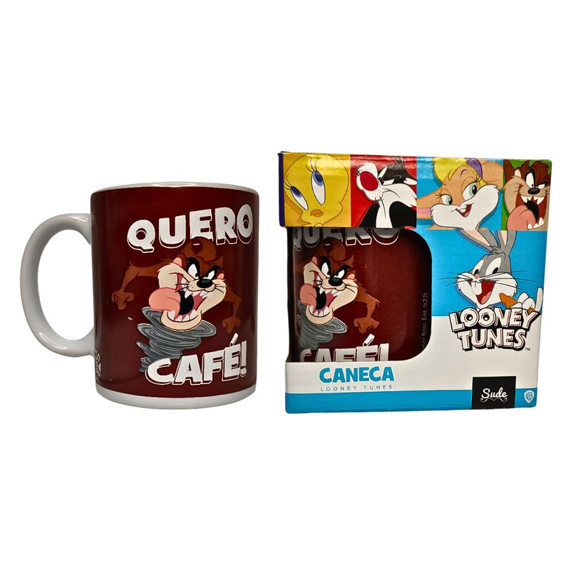 Caneca Taz Mania Frase Quero Café Looney Tunes 300ML Porcelana Desenho Café Chá