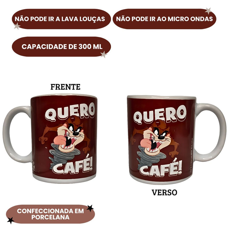 Caneca Taz Mania Frase Quero Café Looney Tunes 300ML Porcelana Desenho Café Chá