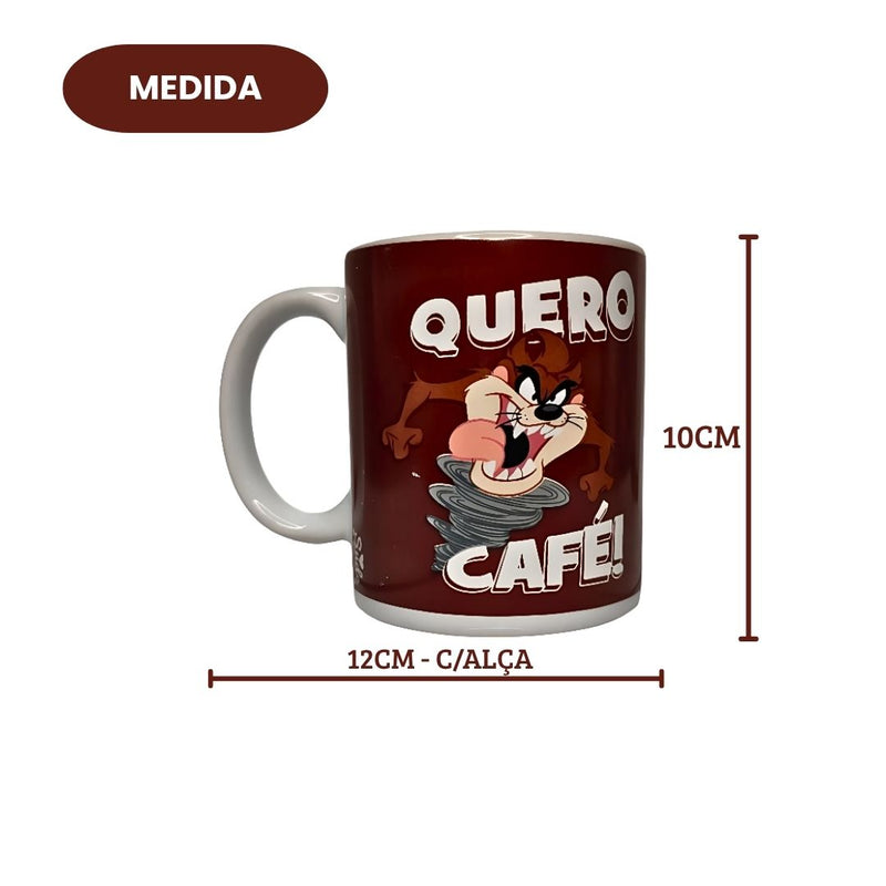 Caneca Taz Mania Frase Quero Café Looney Tunes 300ML Porcelana Desenho Café Chá