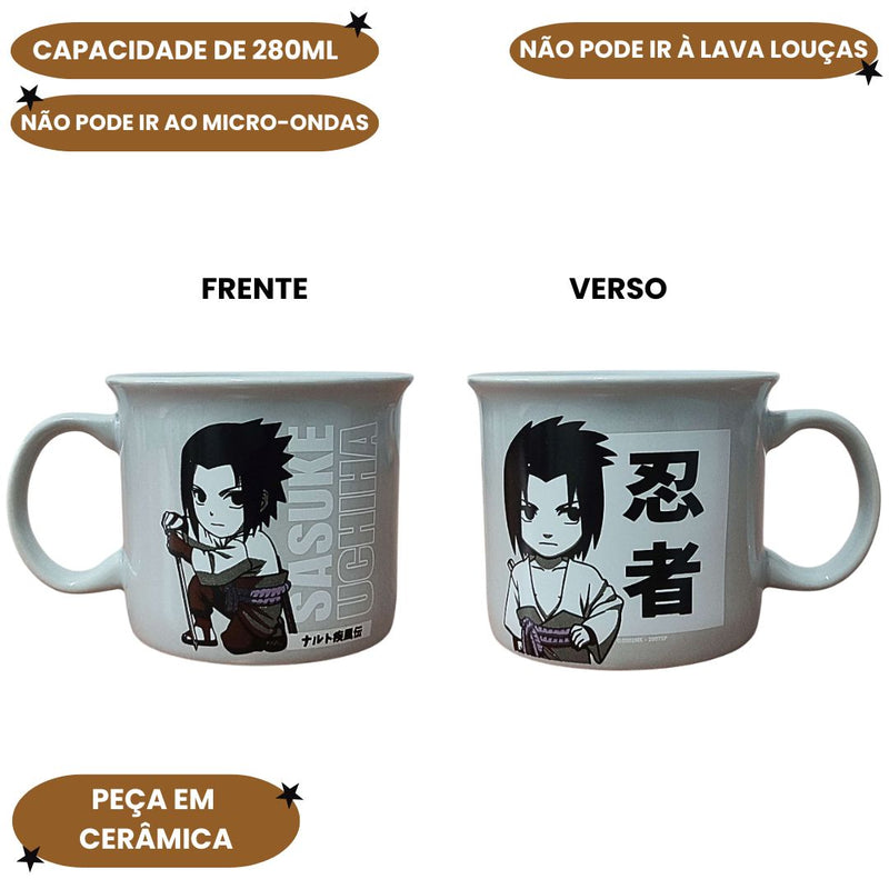 Caneca Camp Sasuke Naruto Chibi Anime Chá Café Leite Colecionável Presente Geek Cerâmica 280ml