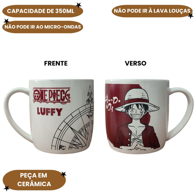 Caneca Cerâmica Club One Piece Luffy Bússola Anime 350ml Coleção Chá Café Presente