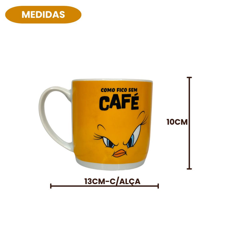 Caneca Piu Piu Frase Como Fico Sem Café Looney Tunes 300ML Porcelana Leite Chá Presente