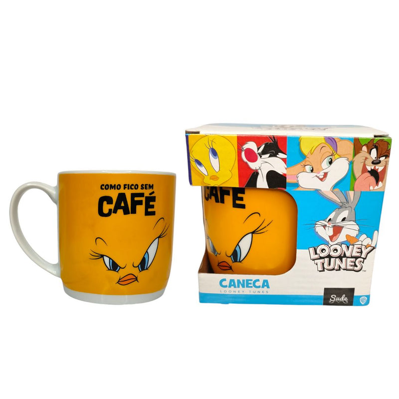 Caneca Piu Piu Frase Como Fico Sem Café Looney Tunes 300ML Porcelana Leite Chá Presente
