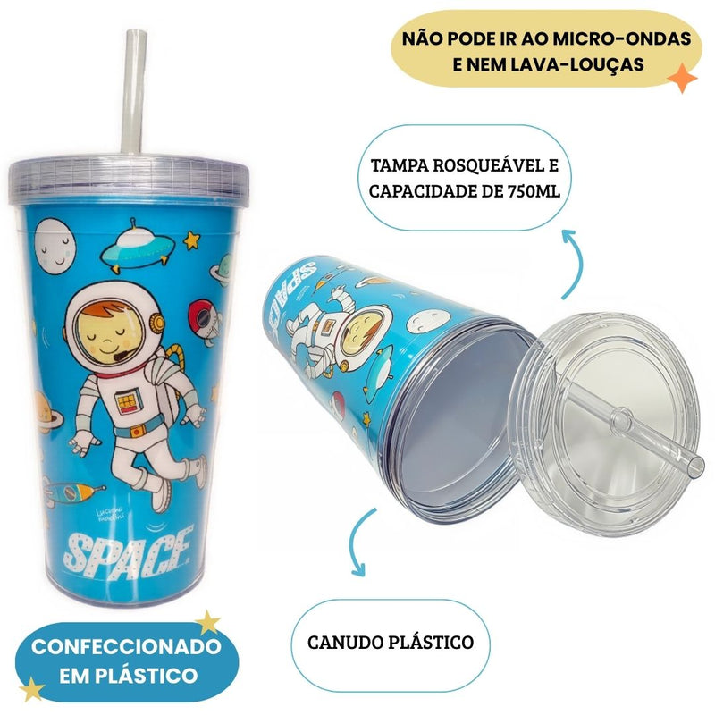 Copo Space Com Canudo 750ML Presente Café Água Astronauta Personalizado