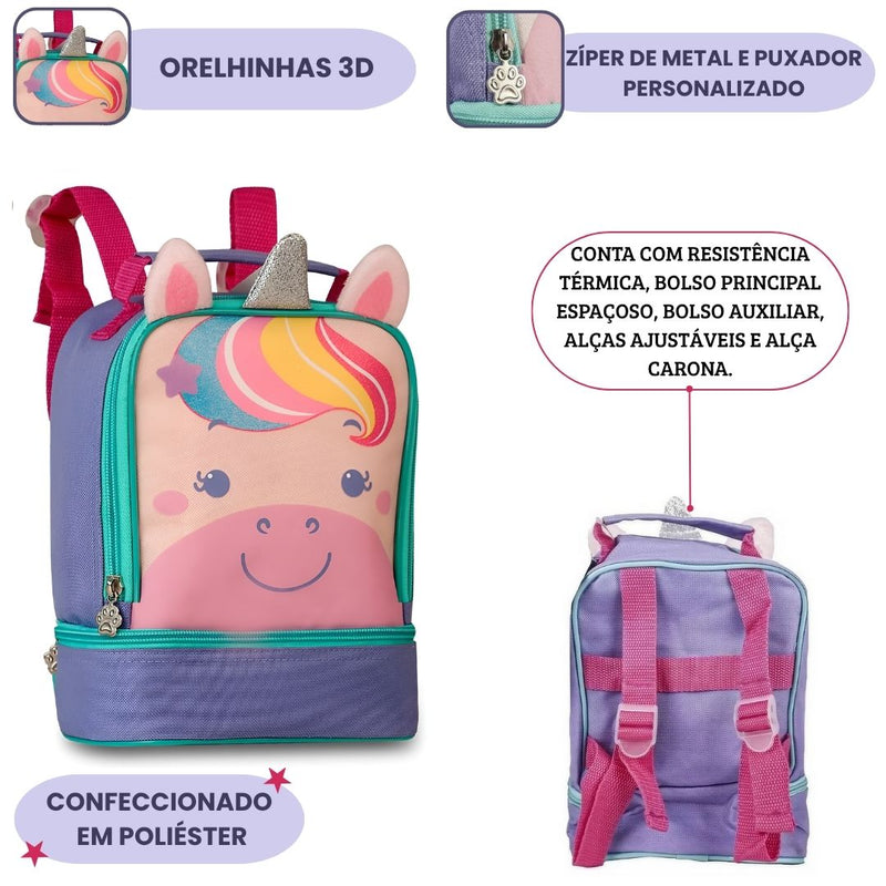 Lancheira Térmica Unicórnio Roxo Rosa Volta as Aulas Meninas Passeio Escolar Megalomania
