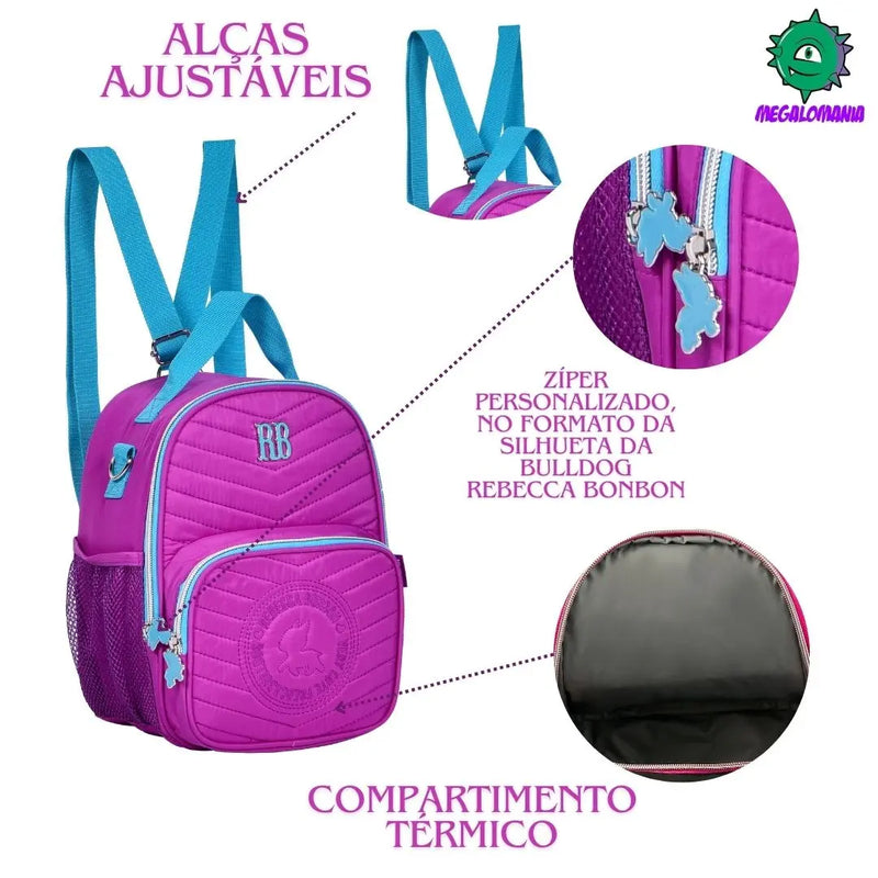 Lancheira Térmica Rebecca Bonbon Duas Alças Preto Rosa Azul Roxo Fashion Lanchinho Feminino Escolar Juvenil Clio Megalomania