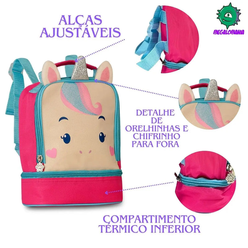 Kit Mochila de Carrinho Rodinha Unicórnio Lancheira Térmica Rosa Infantil Menina Feminina Criança Bebê Escolar Pets Clio Megalomania