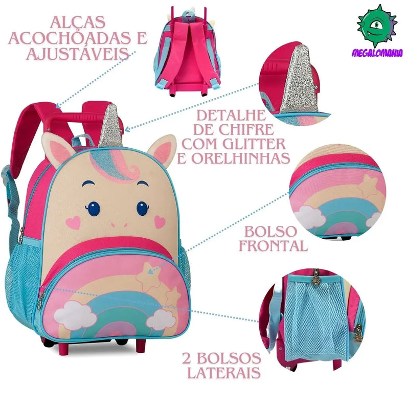 Kit Mochila de Carrinho Rodinha Unicórnio Lancheira Térmica Rosa Infantil Menina Feminina Criança Bebê Escolar Pets Clio Megalomania