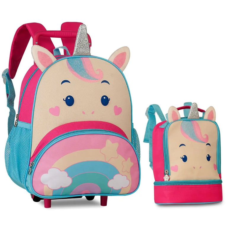 Kit Mochila de Carrinho Rodinha Unicórnio Lancheira Térmica Rosa Infantil Menina Feminina Criança Bebê Escolar Pets Clio Megalomania