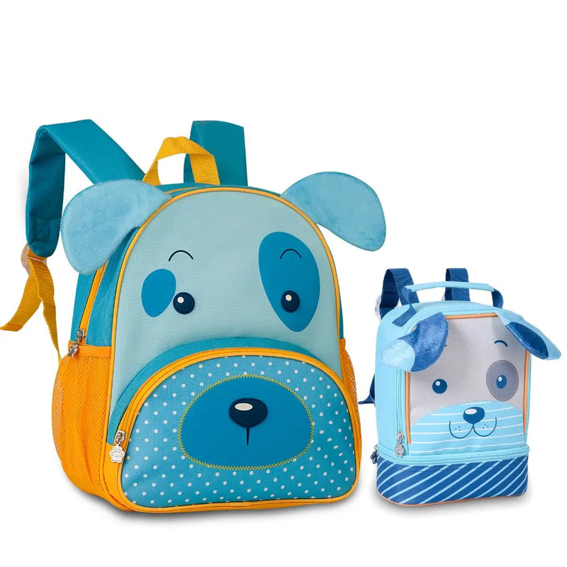 Kit Mochila de Costas Cachorrinho Azul Bolsa Mala Lancheira Térmica Duas Alças Infantil MAsculino Escolar Lanchinho Clio Megalomania