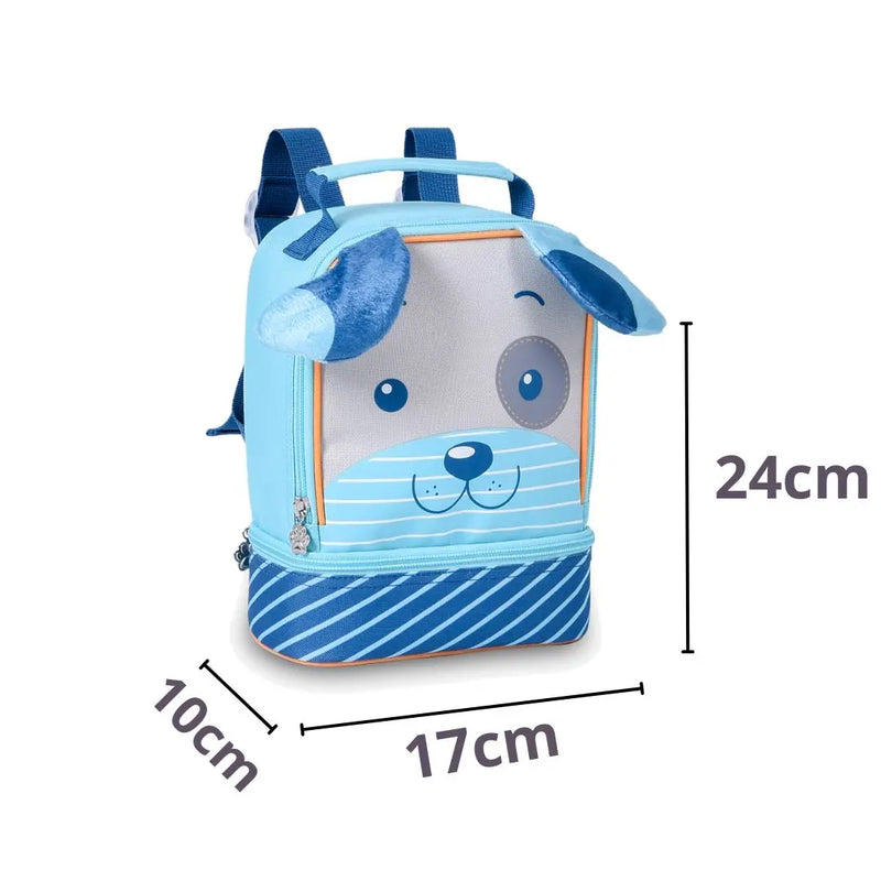 Kit Mochila de Costas Cachorrinho Azul Bolsa Mala Lancheira Térmica Duas Alças Infantil MAsculino Escolar Lanchinho Clio Megalomania