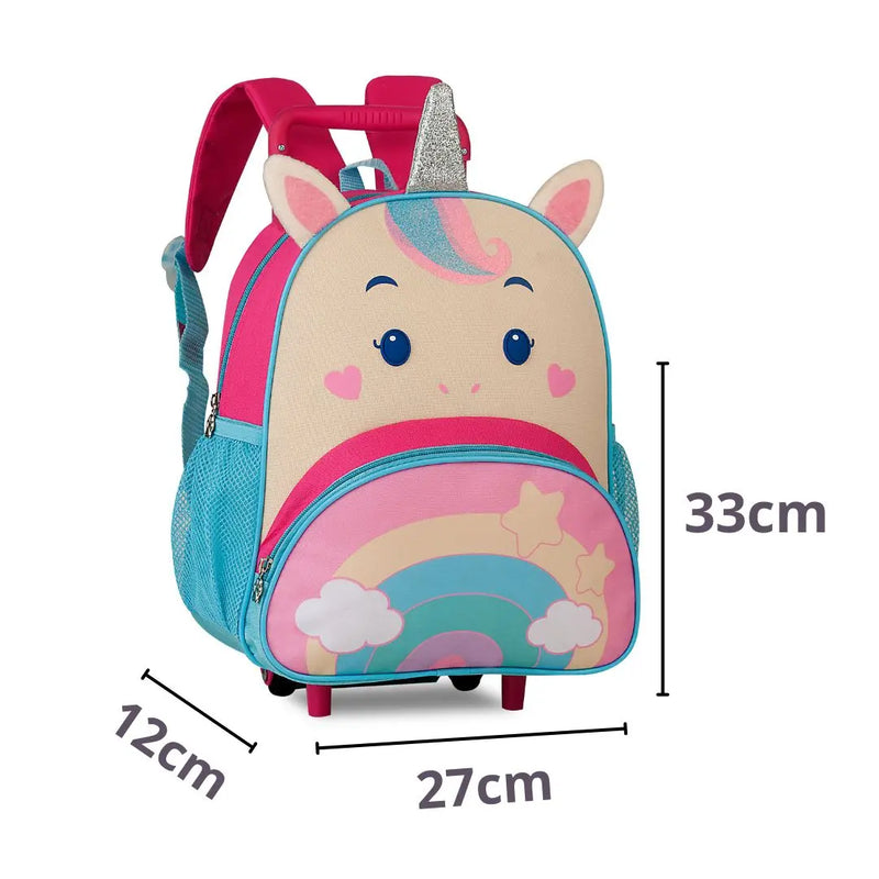 Kit Mochila de Carrinho Rodinha Unicórnio Lancheira Térmica Rosa Infantil Menina Feminina Criança Bebê Escolar Pets Clio Megalomania