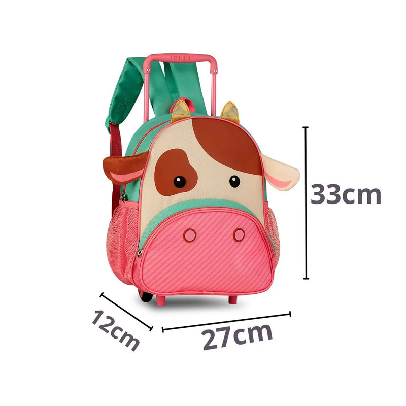 Mochila de Carrinho Rodinha Bolsa Infantil Menina Escolar Volta Aulas Pets Gato Girafa Vaca Clio Megalomania